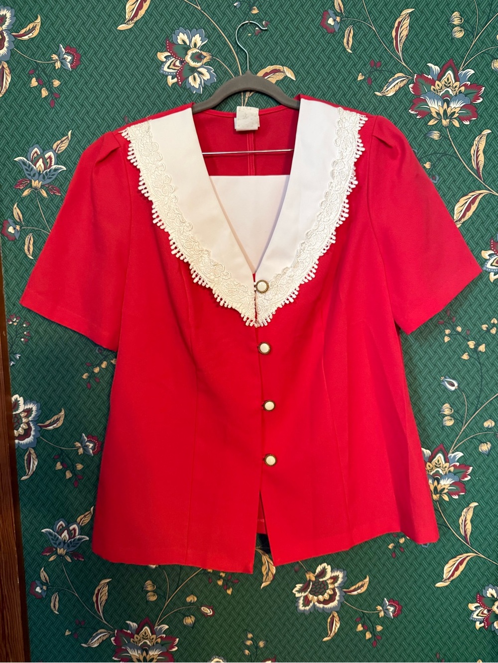 Red Lace-Trim V-Neck Women’s Top